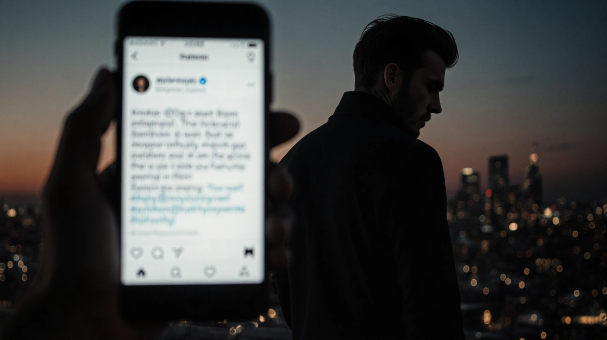 Brooklyn Beckham stands alone facing city skyline with blurred phone showing Instagram post and moody dusk lighting