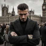 Brooklyn Beckham stands alone with crossed arms and downcast eyes near Buckingham Palace crowds