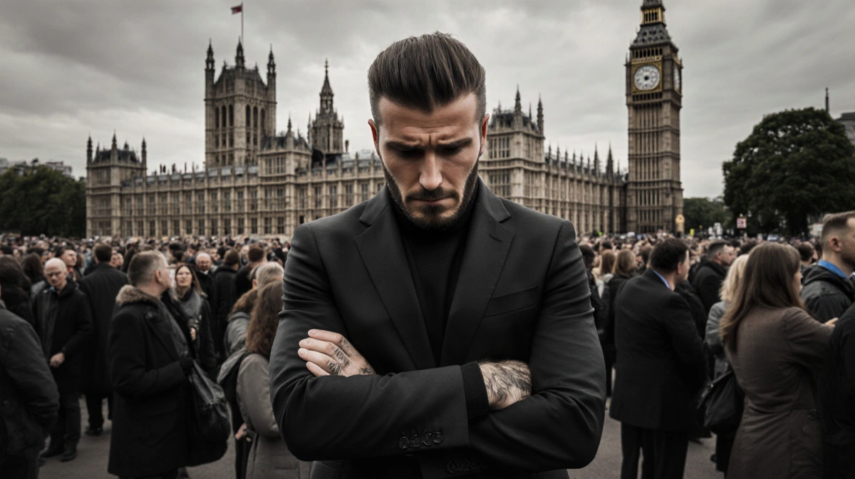 Brooklyn Beckham stands alone with crossed arms and downcast eyes near Buckingham Palace crowds