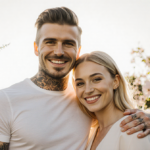 Brooklyn and Nicola Beckham smiling together with arms around each other in sunny flower garden.