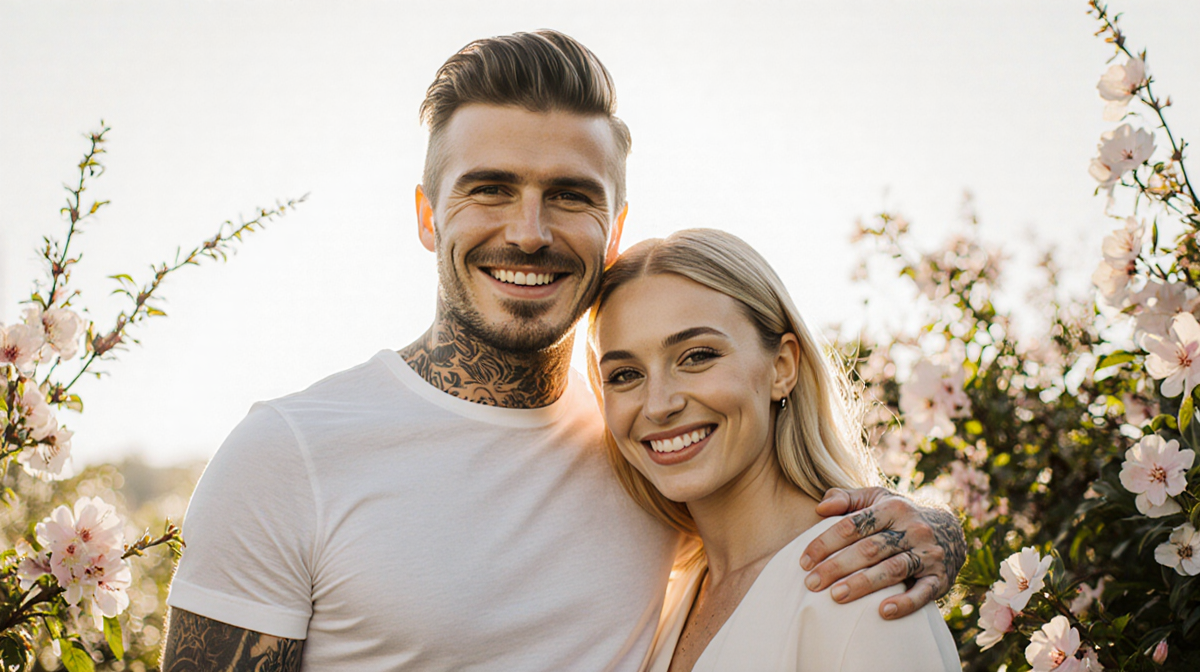 Brooklyn and Nicola Beckham smiling together with arms around each other in sunny flower garden.