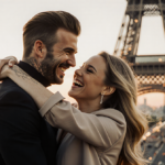 Brooklyn Beckham laughing with Nicola Peltz Beckham with Eiffel Tower in golden sunset