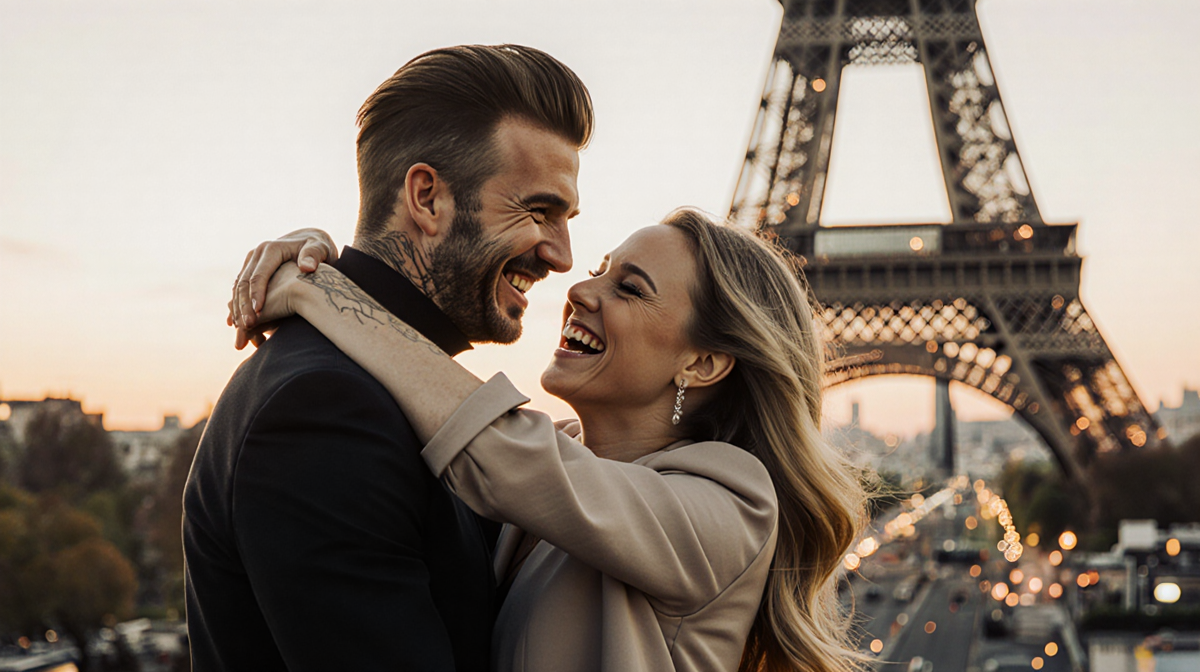 Brooklyn Beckham laughing with Nicola Peltz Beckham with Eiffel Tower in golden sunset