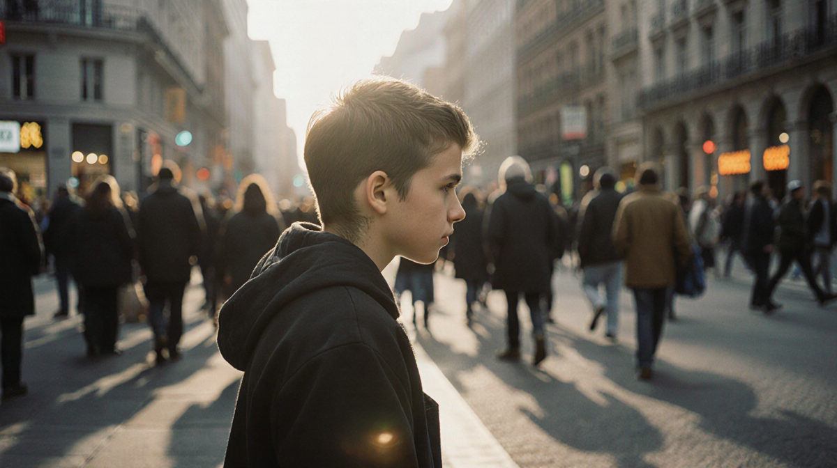 Celebrity child standing alone at city street edge with warm glow on profile and blurred crowd in background