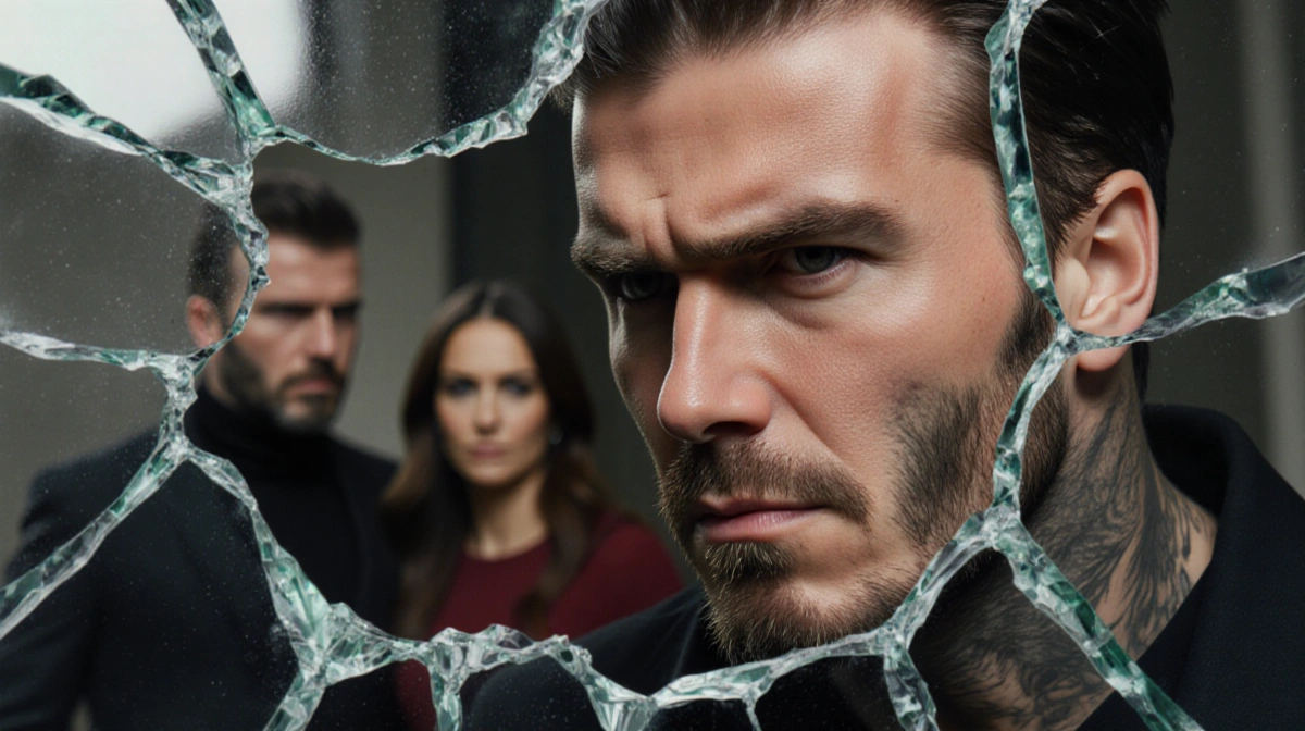 Brooklyn Beckham looks stern as mirror shards reflect him with a blurred family portrait of David and Victoria in background