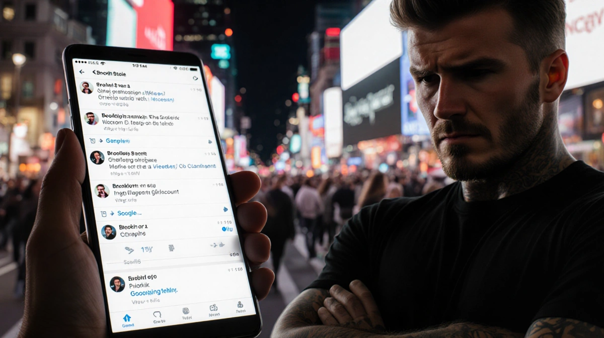 Brooklyn Beckham looking frustrated with social media notifications flooding phone screen and crowded streets behind