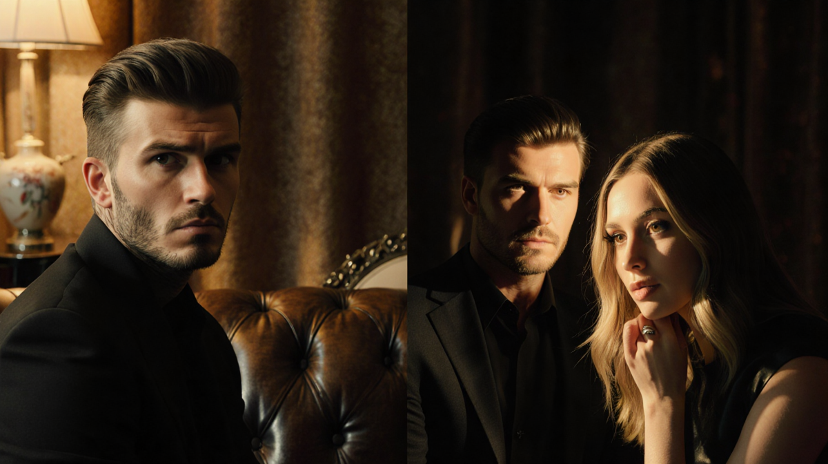 Brooklyn Beckham sits on leather couch with back to viewer in dim room and Victoria and Nicola figures appear in split-screen