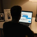 Brooklyn Beckham sits at desk with laptop showing chat with mother and framed photos of wife