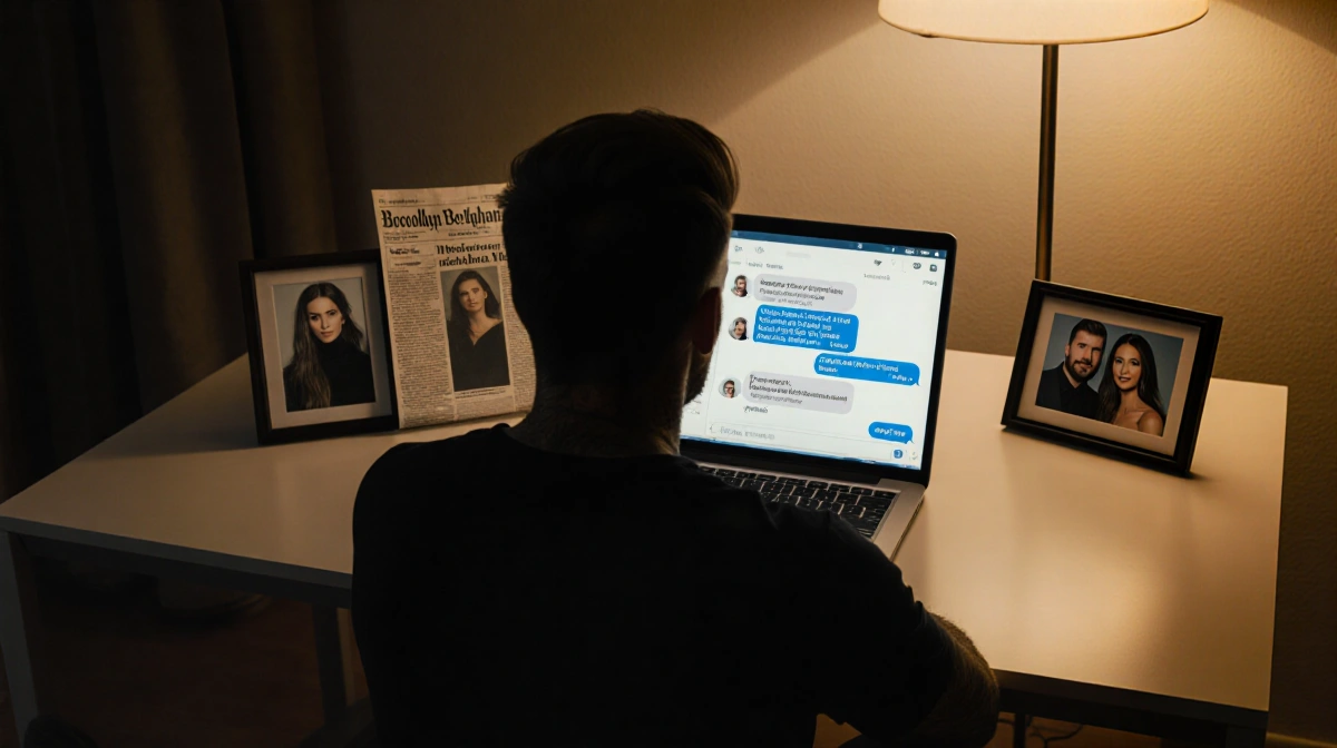 Brooklyn Beckham sits at desk with laptop showing chat with mother and framed photos of wife