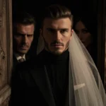 Brooklyn Beckham stands before ornate door with wedding veil draped over shoulder and parents David and Victoria Beckham lurk