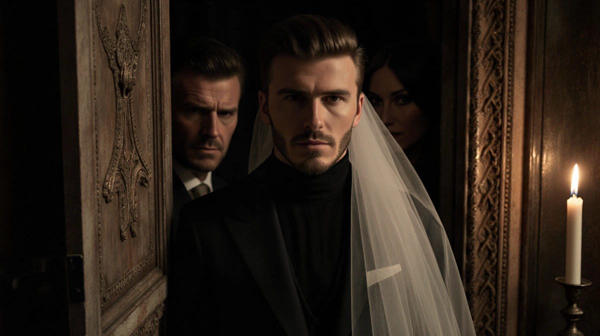 Brooklyn Beckham stands before ornate door with wedding veil draped over shoulder and parents David and Victoria Beckham lurk