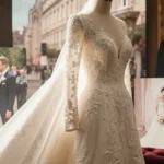 Brooklyn Beckham wedding dress rests on velvet pedestal with intricate embroidery visible and Beckham family photos softly bl