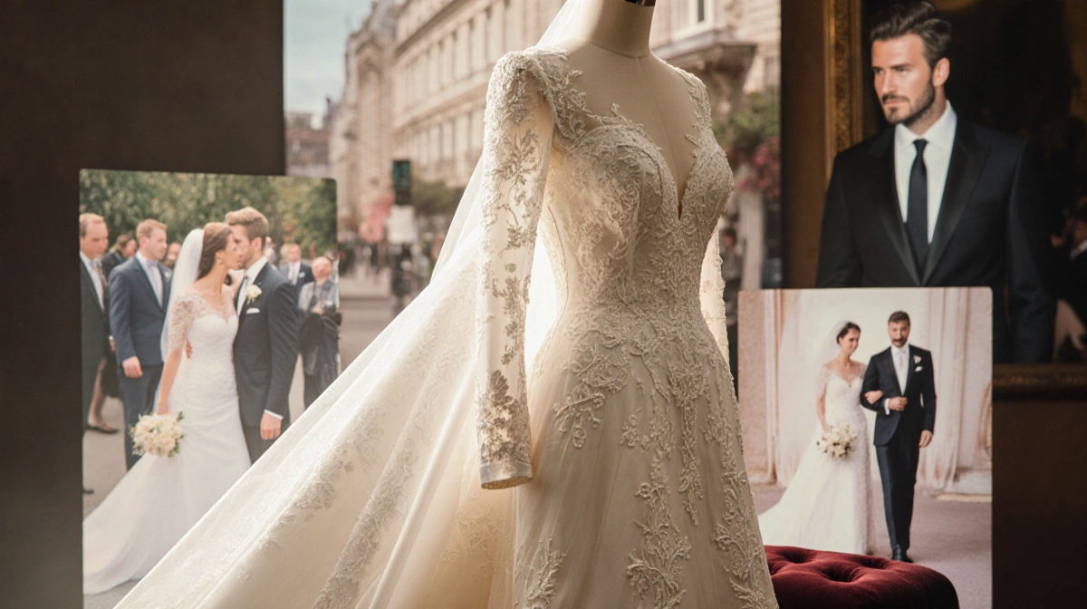 Brooklyn Beckham wedding dress rests on velvet pedestal with intricate embroidery visible and Beckham family photos softly bl
