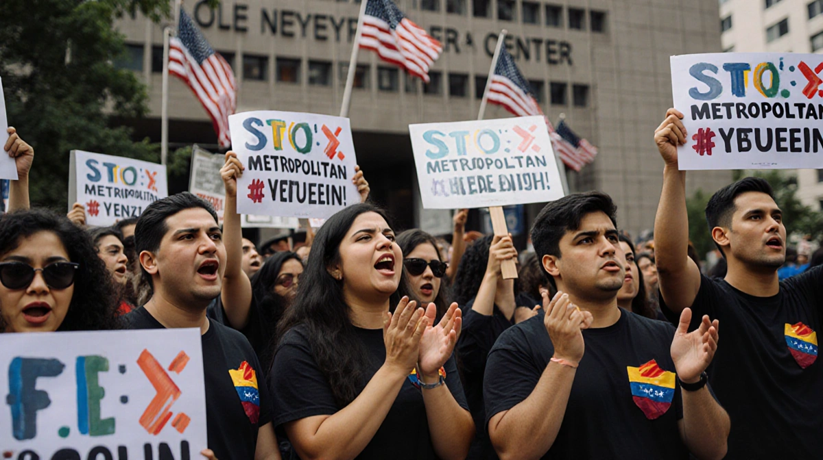 Protesters chanting with signs and solidarity near blurred Metropolitan Detention Center