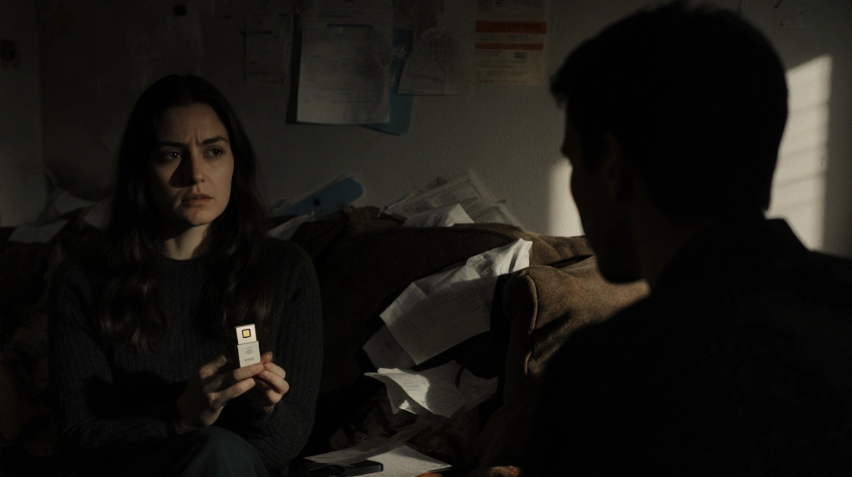 Brooklyn holding encrypted USB drive while facing serious person on dimly lit couch with cluttered papers showing secrecy