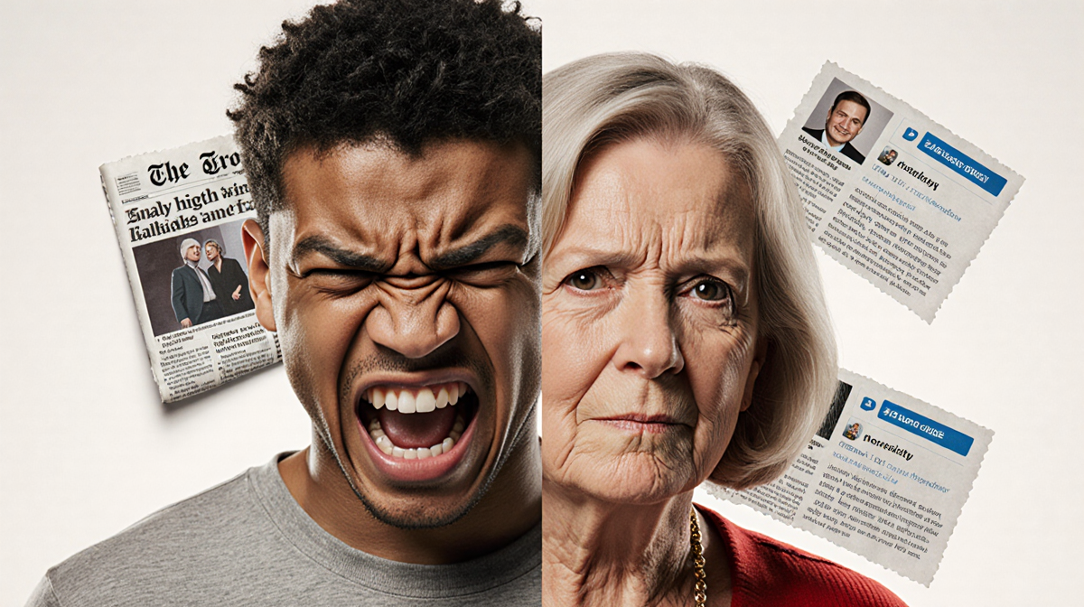 Brooklyn's face contorts with frustration while parents' calm faces appear on other side with newspaper shadows hinting famil