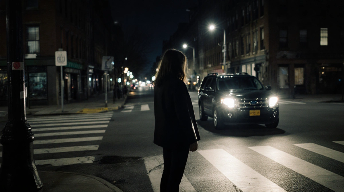 Woman checking traffic at Brooklyn intersection with dim streetlights and black SUV driving away