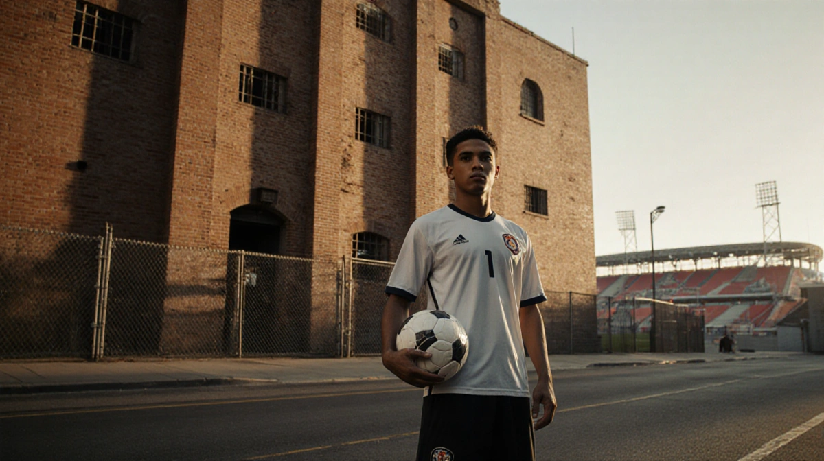 Young soccer player stands with ball wearing pro jersey near Brooklyn jailhouse with stadium visible in distance