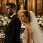 Brooklyn Beckham standing upset at altar with Nicola Peltz looking defiant and broken flowers scattered near torn wedding pro