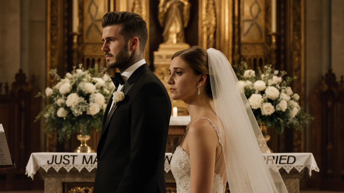 Brooklyn Beckham standing upset at altar with Nicola Peltz looking defiant and broken flowers scattered near torn wedding pro