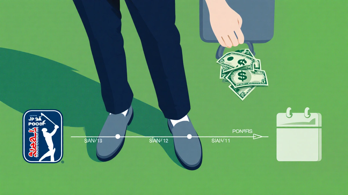 Brooks Koepka stands on golf green holding briefcase with PGA Tour branding and calendar icon showing donation