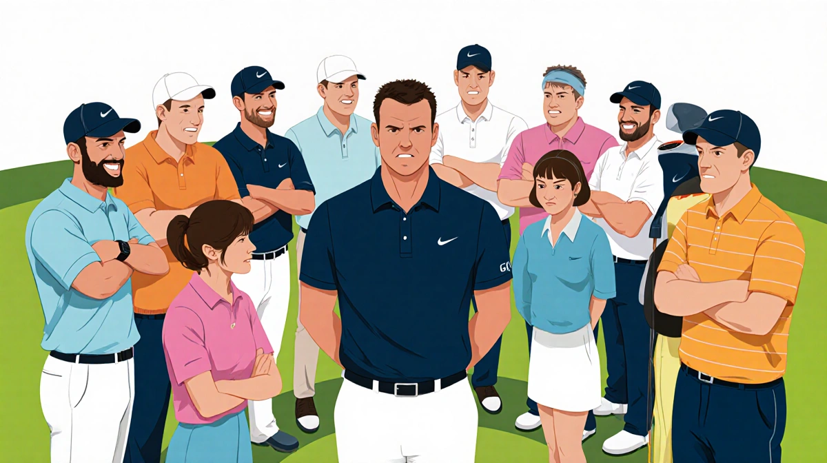 Brooks Koepka stands alone in circle of divided golfers with some showing warm smiles and others scowling