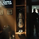 Brooks Koepka stands by his open locker with golf bag and championship trophies showing his return