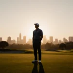 Brooks Koepka stands on golf course at sunset with city skyline behind him