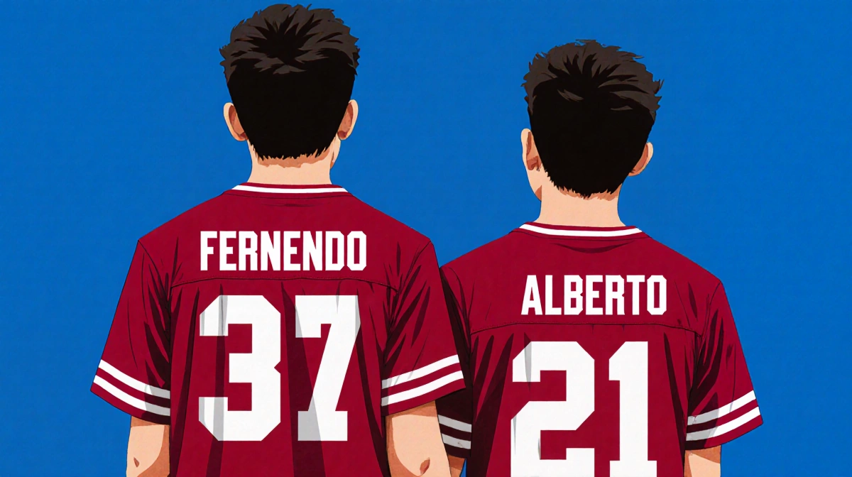 Two brothers stand side by side holding hands with blue background and Indiana University jerseys displaying names and number