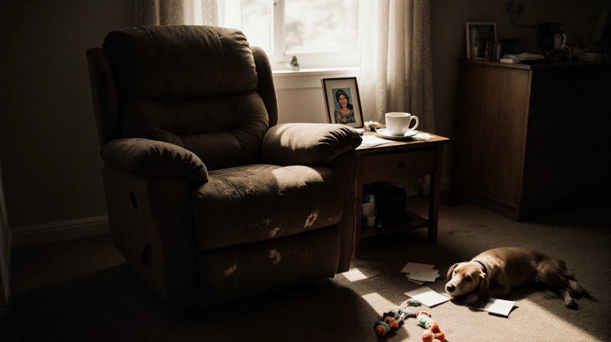 Worn brown recliner sits in dim room with morning light streaming through window and coffee cup on side table