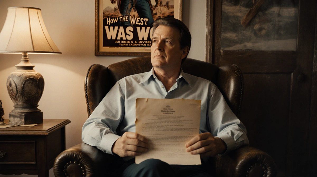 Bruce Boxleitner sits in worn leather armchair with How the West Was Won poster behind him and holds old script