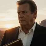 Bruce Boxleitner poses with leather book against golden sunset and Western landscape