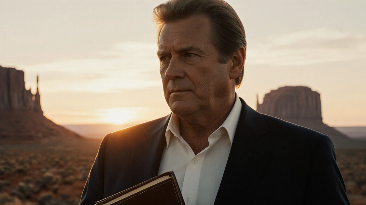 Bruce Boxleitner poses with leather book against golden sunset and Western landscape