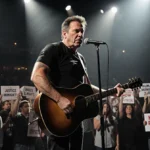Bruce Springsteen performs at microphone with guitar and immigration rights protesters holding Justice for Immigrants signs b