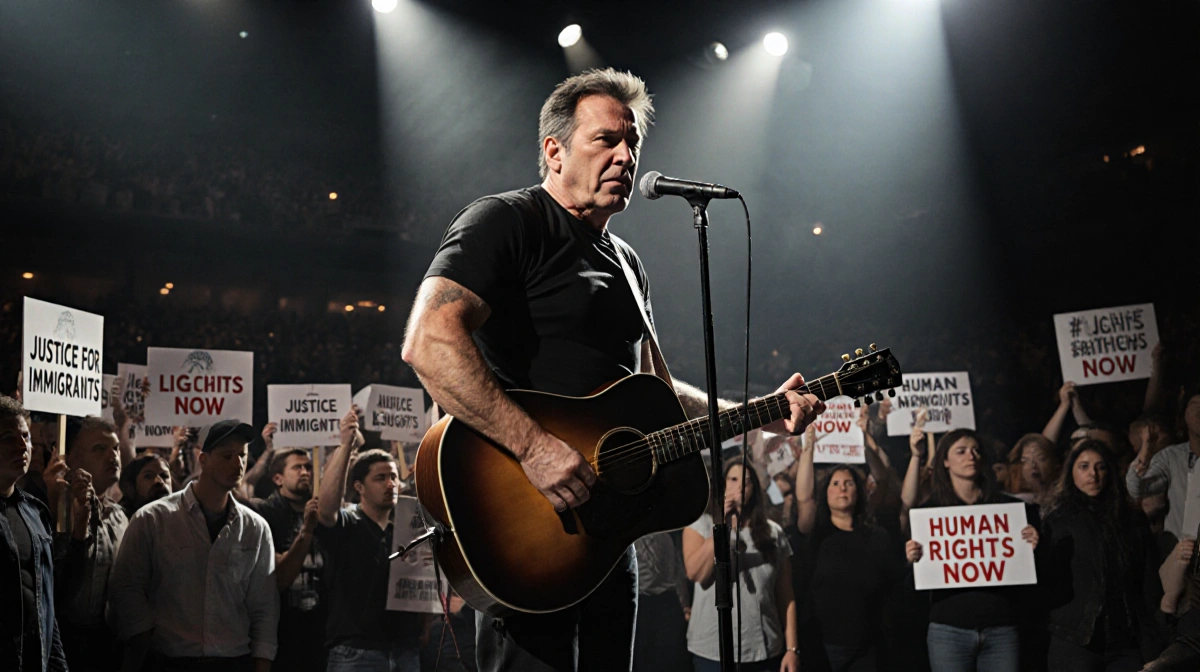 Bruce Springsteen performs at microphone with guitar and immigration rights protesters holding Justice for Immigrants signs b