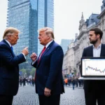 Two politicians arguing heatedly near EU building with calm trader checking Bitcoin price chart on laptop