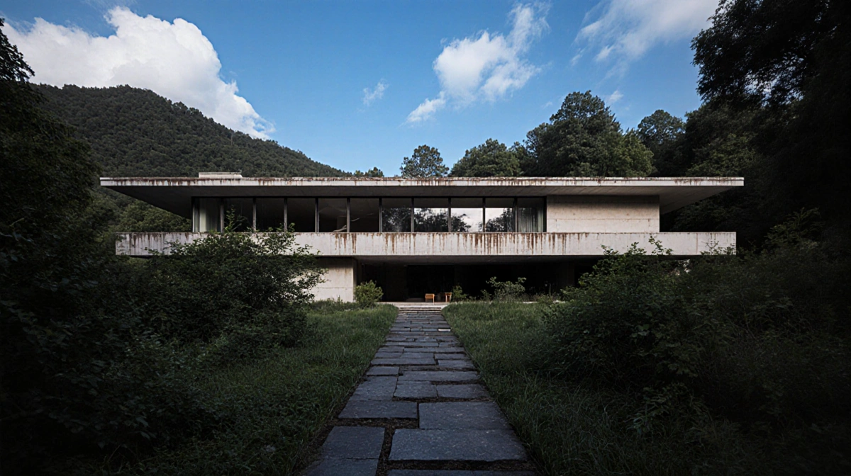 Brutalist house sits atop mountain with dense trees and stone path leading to weathered concrete facade