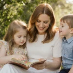 Bryce Dallas Howard reading with Theodore and Beatrice in lush greenery with soft sunlight filtering through leaves.
