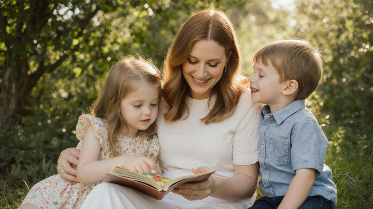 Bryce Dallas Howard reading with Theodore and Beatrice in lush greenery with soft sunlight filtering through leaves.
