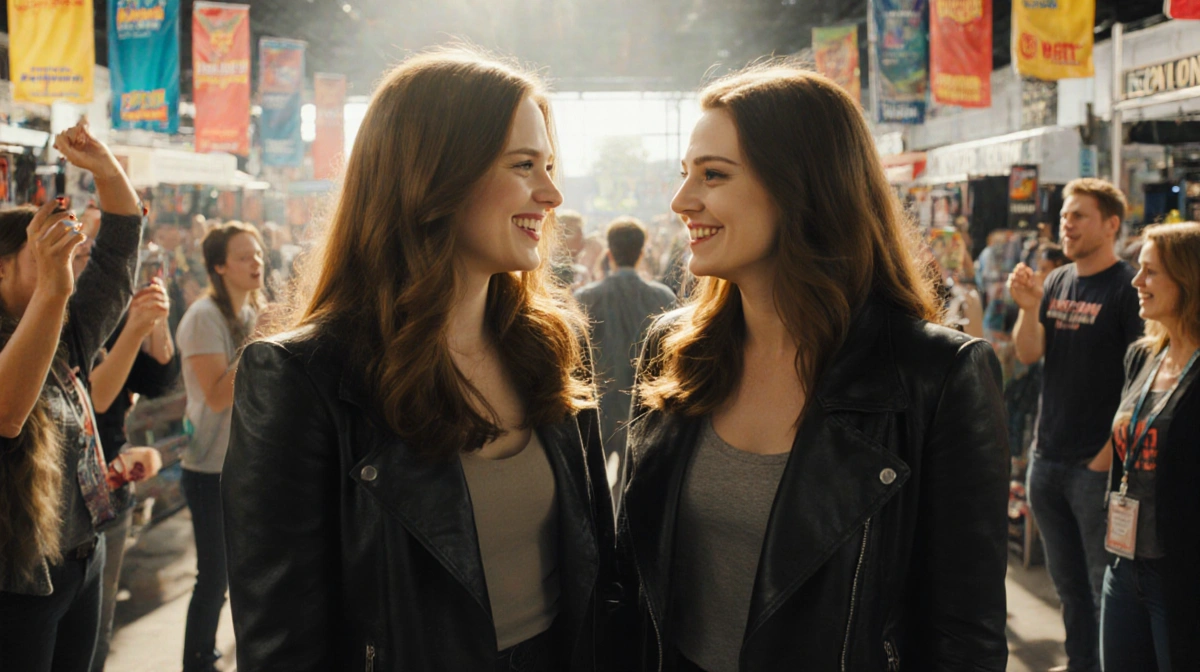 Bryce Dallas Howard and Rachelle LeFevre smiling together at Twilight convention with colorful banners and fans cheering behi