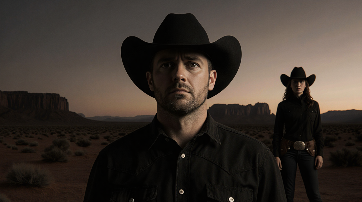 Bryce Dickey standing alone with a dimly lit desert dusk and a faint cowgirl silhouette.