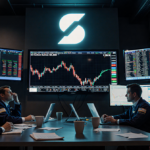 Traders stare at screens with Bitcoin plummeting below $88,000 and a looming Solana logo casting an eerie glow.