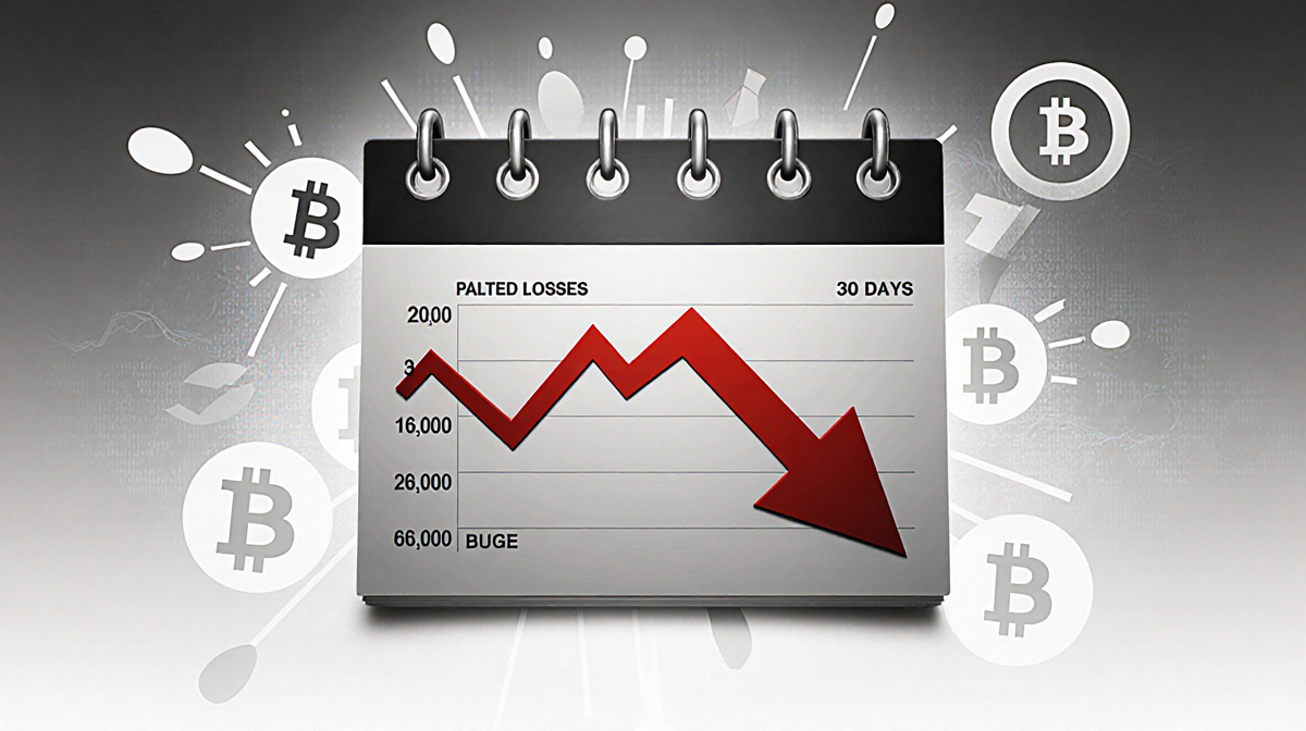 Large calendar chart showing steep decline in cumulative Bitcoin losses over 69k BTC with red arrow