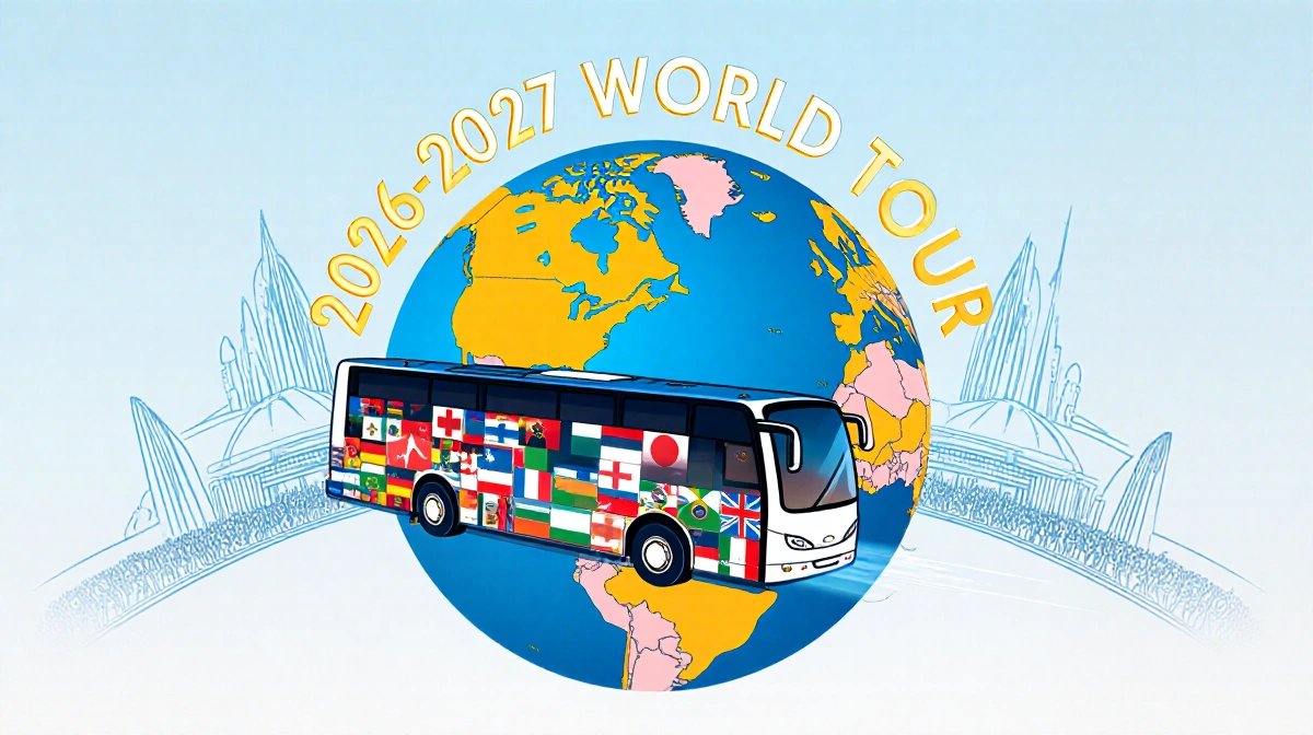 Tour bus drives across colorful globe with world flags on wheels and 2026-2027 World Tour text circling the planet