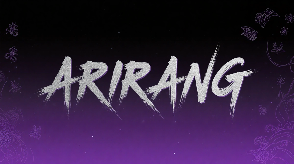 ARIRANG album art glows with bold typography against purple-silver gradient background with subtle Korean patterns