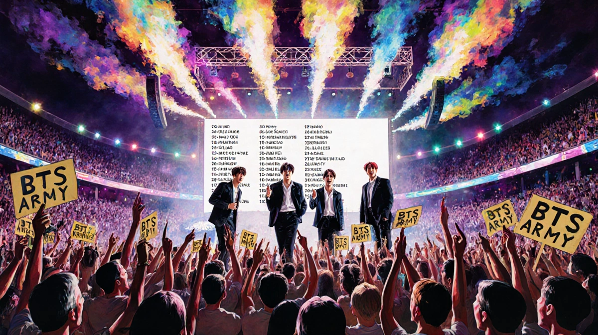 BTS performing on stage with LED lights and screaming fans holding Army signs in packed stadium