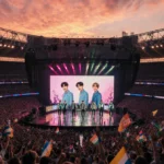 BTS performing on stage with massive LED screen and fans waving colorful banners at sunset