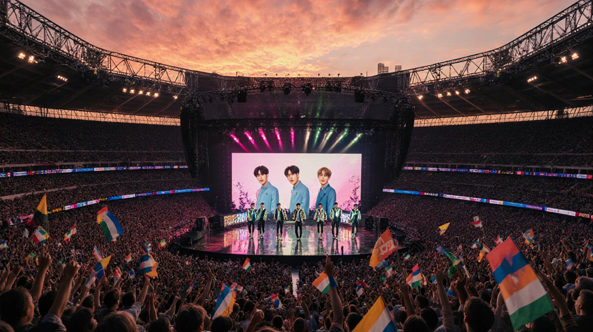 BTS performing on stage with massive LED screen and fans waving colorful banners at sunset