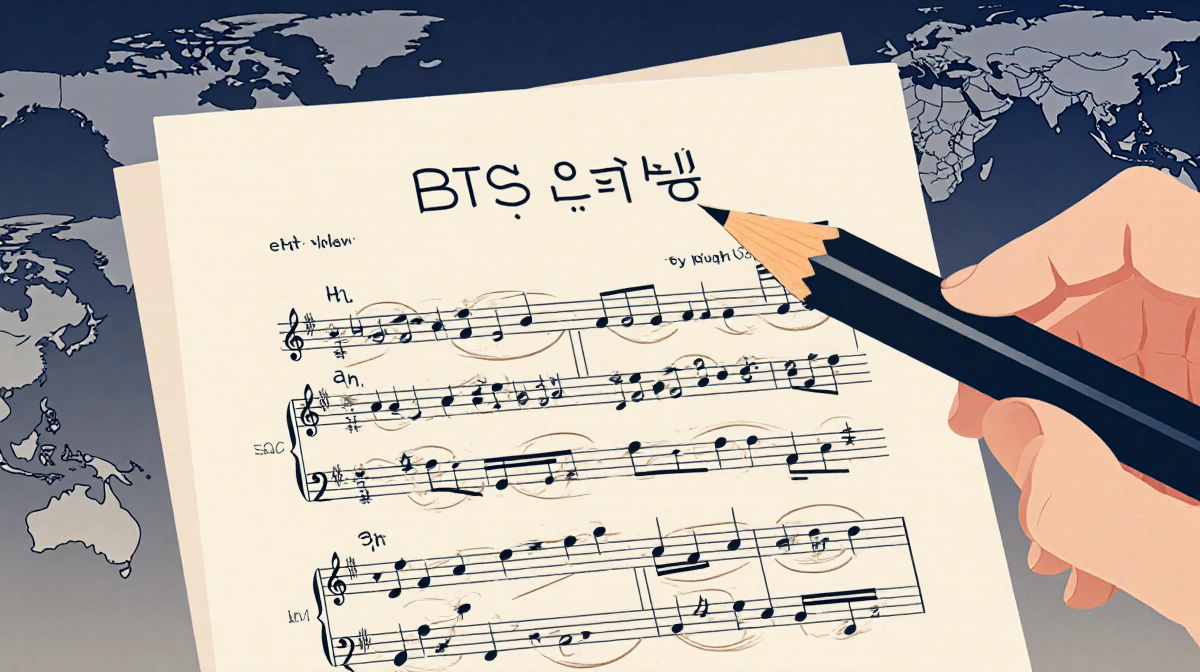 Hovering pen nib writes lyrics on a music sheet with Korean English Japanese verses and subtle globe symbols in background.