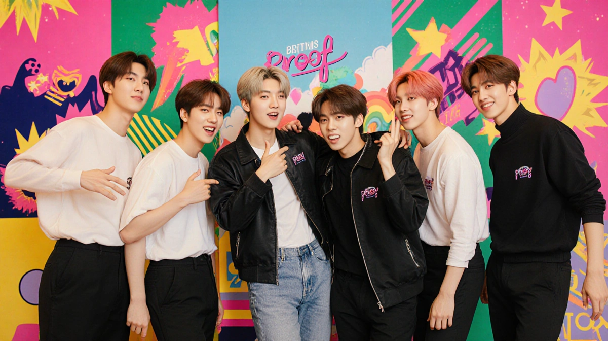 BTS all seven members standing together with dynamic pose against vibrant K-pop backdrop and warm nostalgic lighting